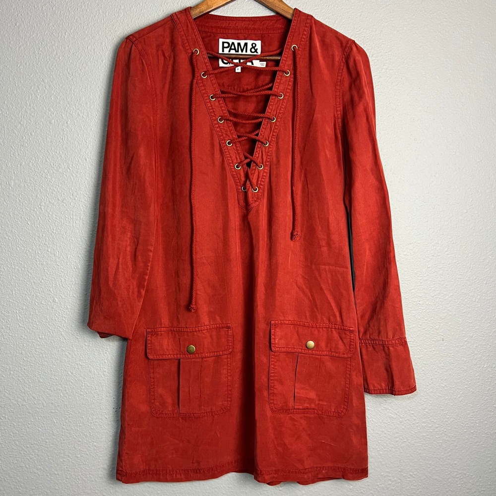 Pam & Gela Tunic Dress Lace Up Long Sleeve‎ Pockets Faux Suede Rust Red Size P